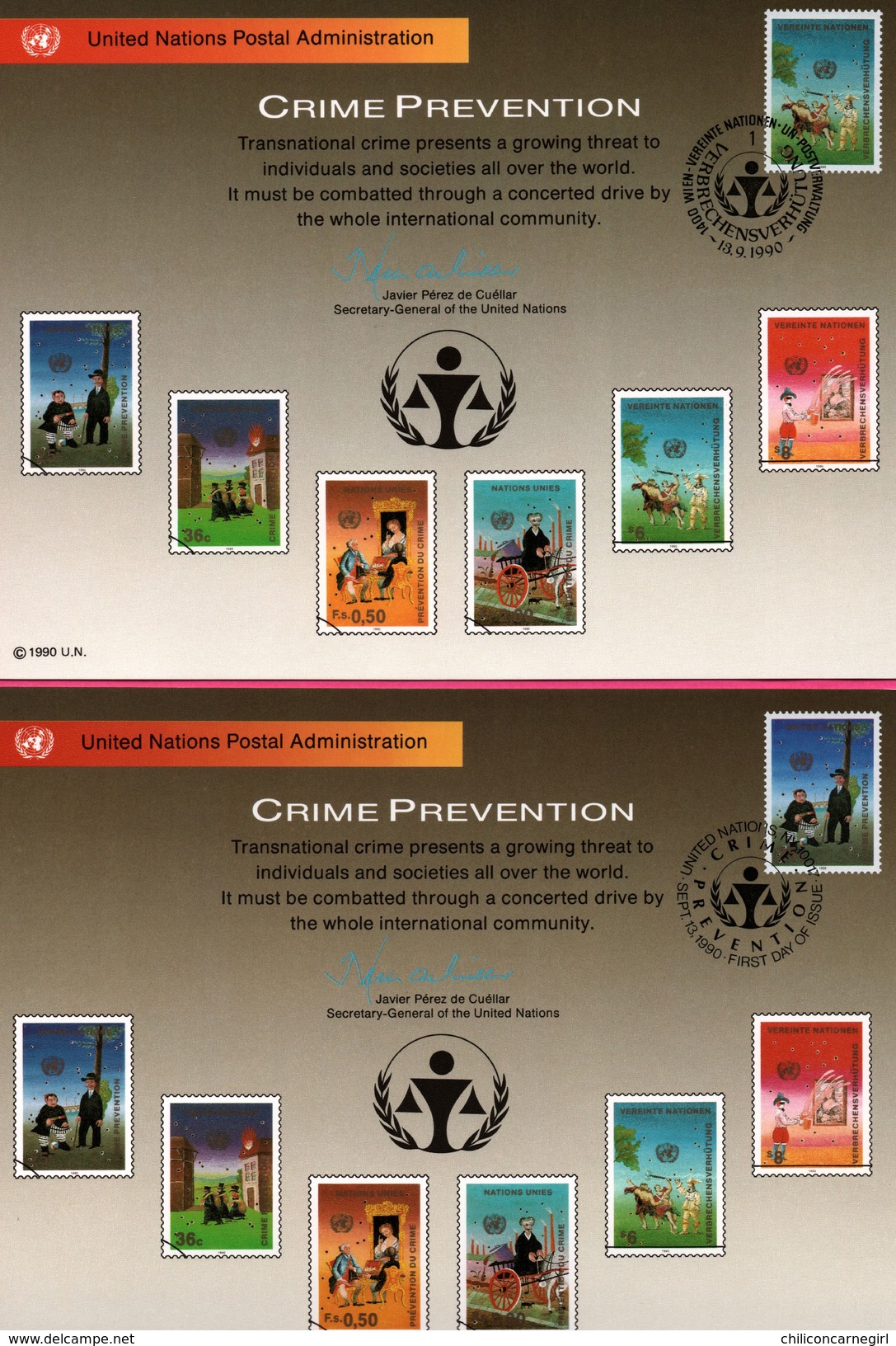 3 Encarts - FDC - United Nations P. A. - Crime Prevention - JAVIER PEREZ - Wien New York Genève 1990 - APNU - Gemeinschaftsausgaben New York/Genf/Wien