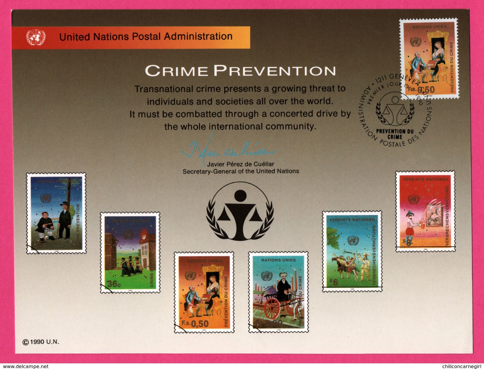 3 Encarts - FDC - United Nations P. A. - Crime Prevention - JAVIER PEREZ - Wien New York Genève 1990 - APNU - Emissions Communes New York/Genève/Vienne