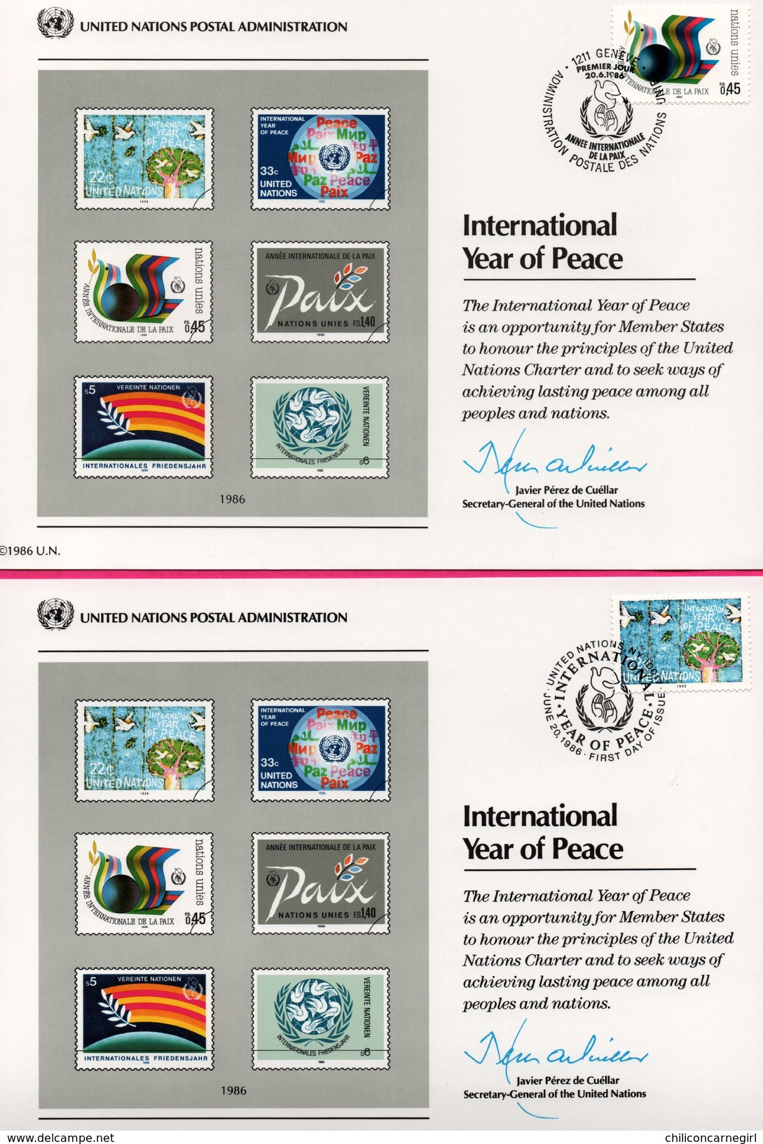 3 Encarts - FDC - United Nations P. A. - International Year Of Peace - Wien - New York Genève 1986 - APNU - Emissions Communes New York/Genève/Vienne