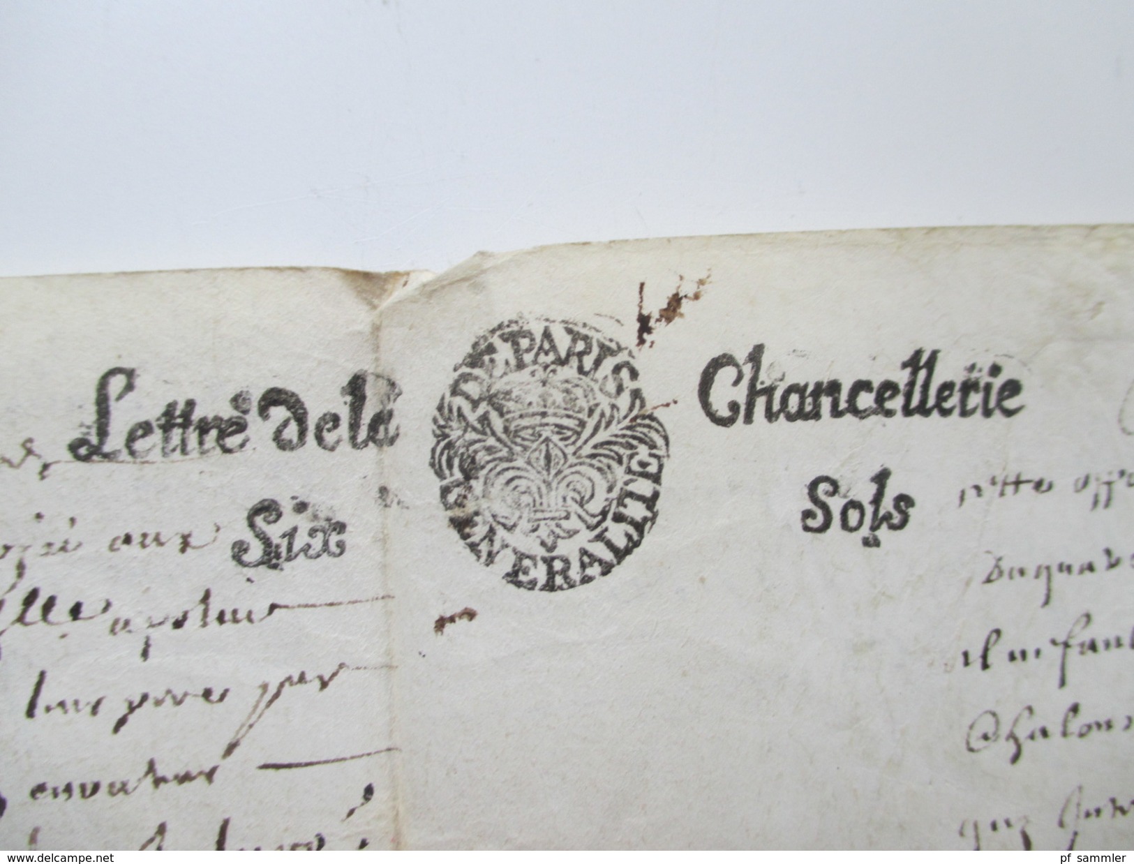 1682 zur Zeit Louis XIV Sonnenkönig. De Paris Generalite. Lettre de la Chancellerie Six Sols. Königl. Kronen Wappen. RRR