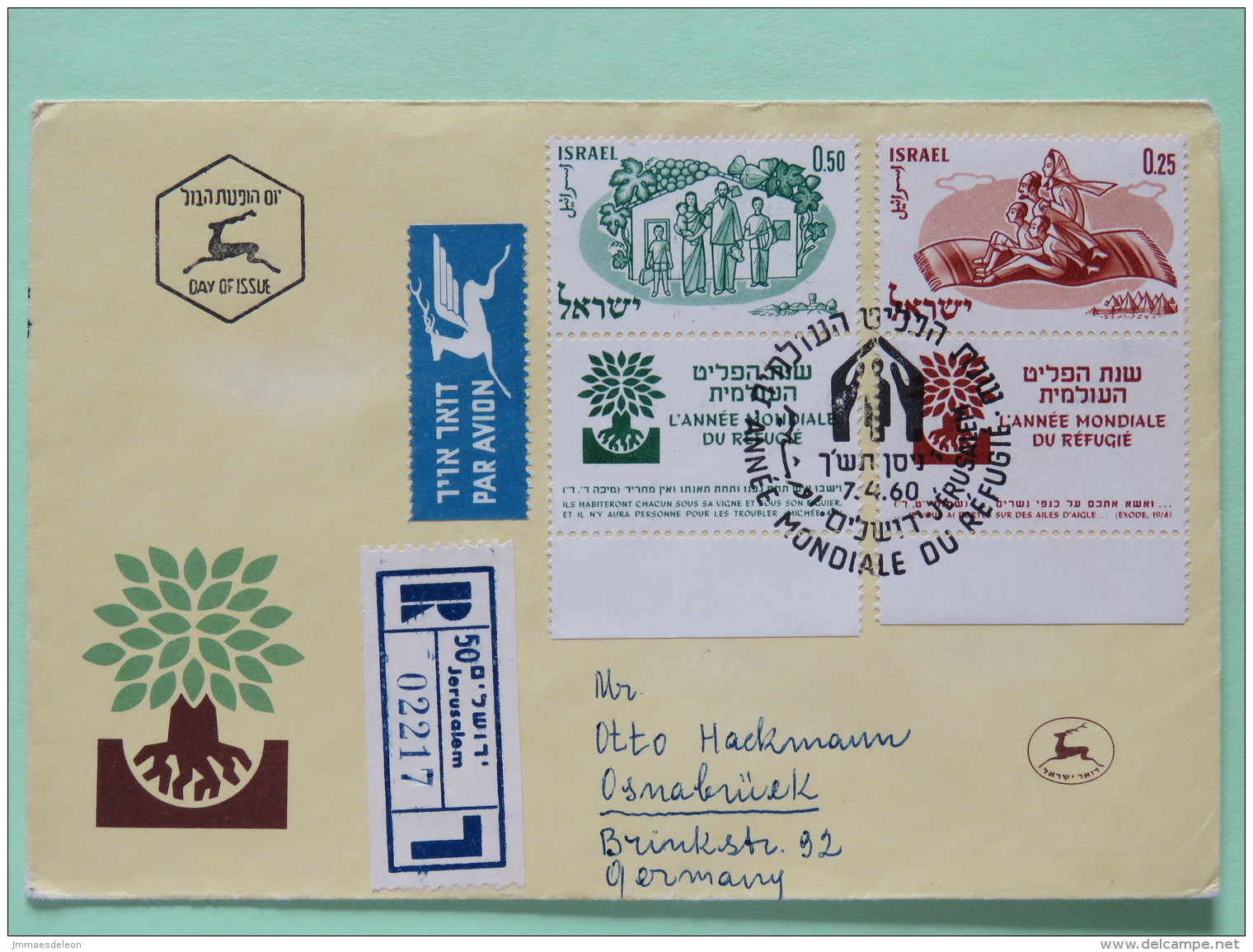 Israel 1960 Registered FDC Cover Jerusalem To Germany - World Year Of Refugees - Covers & Documents