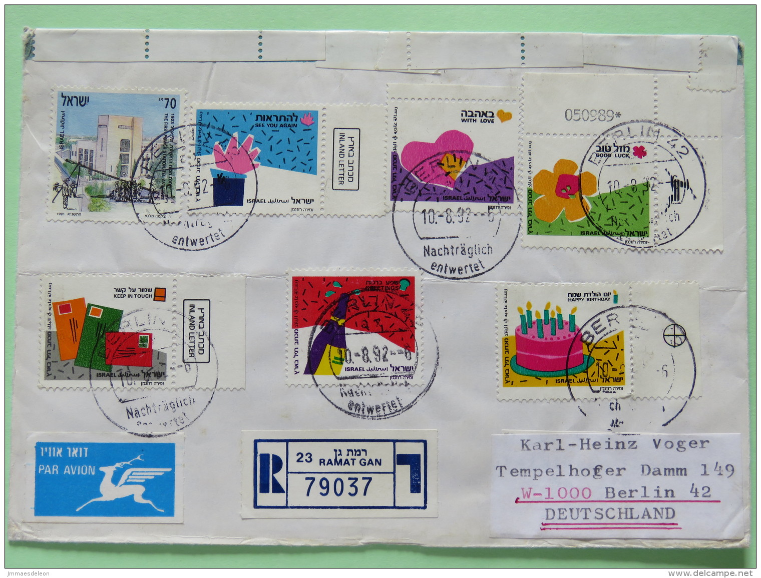 Israel 1992 Registered Cover Ramat Gan To Germany - Greetings- Building - Bottle - Flowers - Heart - Hand - Covers & Documents