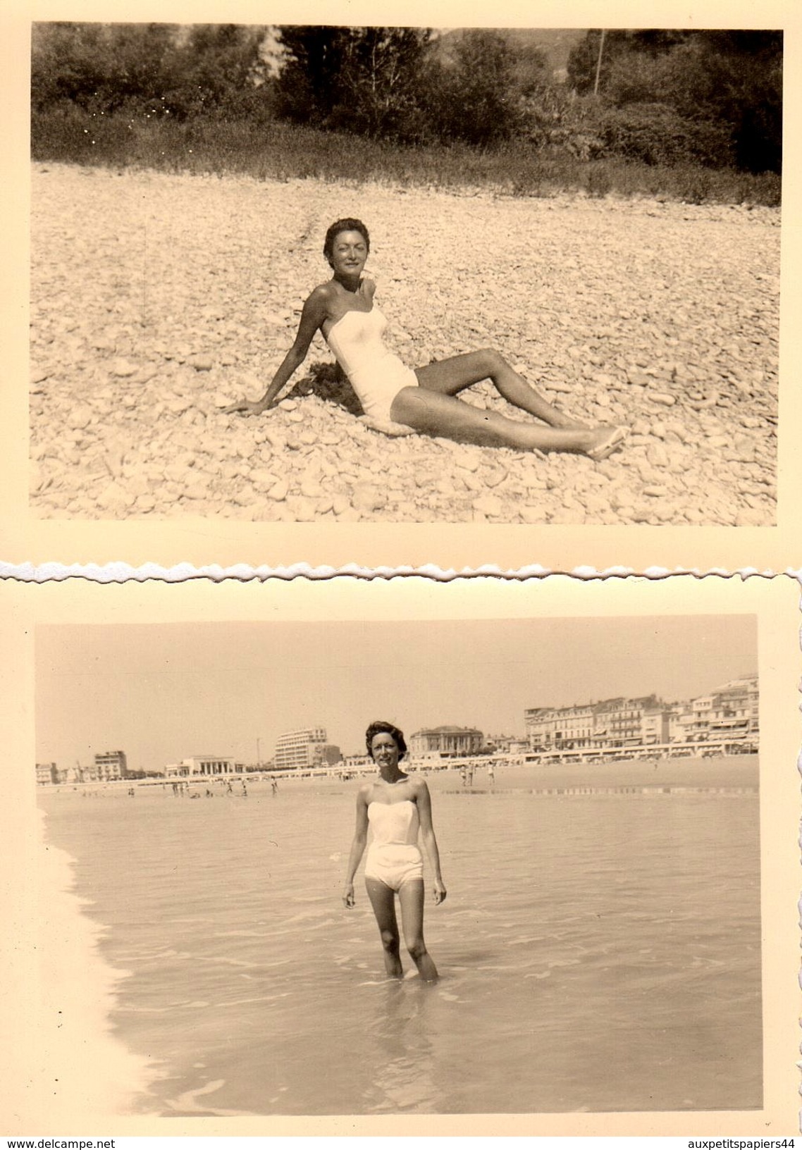 2 Photos Originales Plage & Maillot De Bain - Pin-up Sexy En Maillot Blanc Baignade Et Bronzette Vers 1950 - Pin-Ups