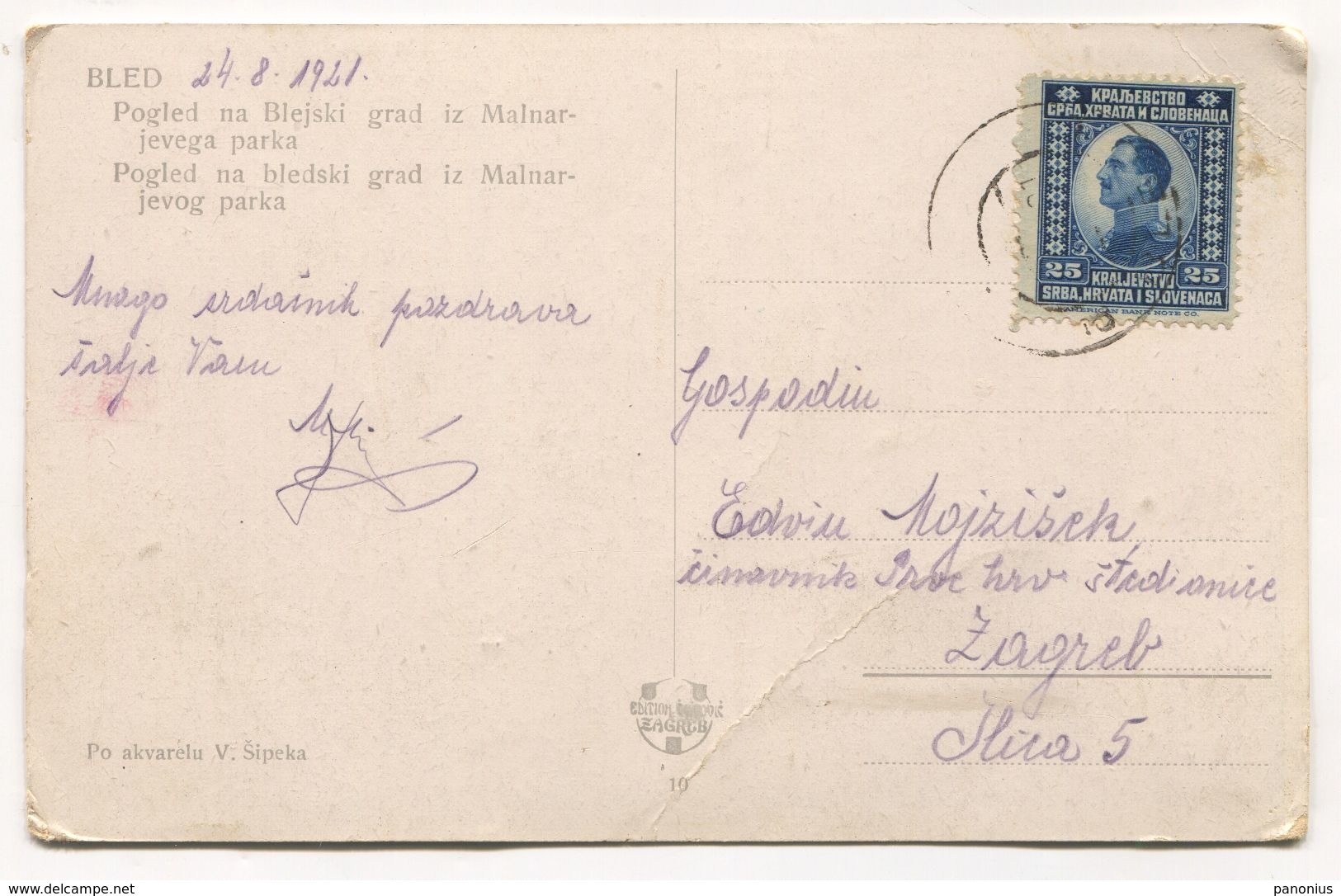 BLED, Blejski Grad  - SLOVENIA, V. SIPEK Pinx, Art Postcard, 1921. - Slowenien