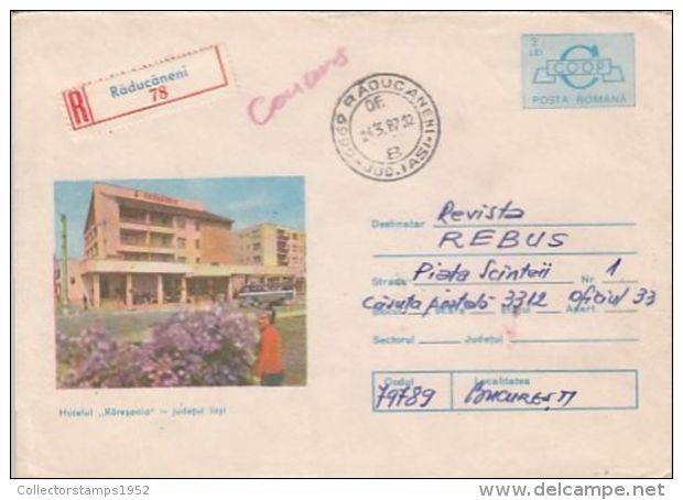 64345- RARESOAIA HOTEL, BUSS, TOURISM, REGISTERED COVER STATIONERY, 1987, ROMANIA - Hotel- & Gaststättengewerbe