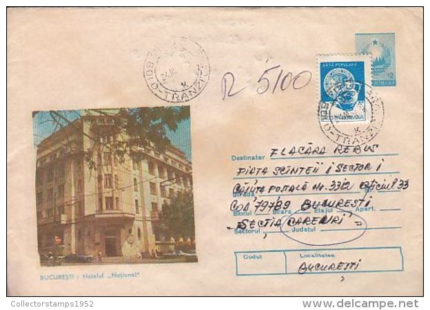 64351- BUCHAREST NATIONAL HOTEL, CAR, TOURISM, REGISTERED COVER STATIONERY, 1986, ROMANIA - Hotel- & Gaststättengewerbe