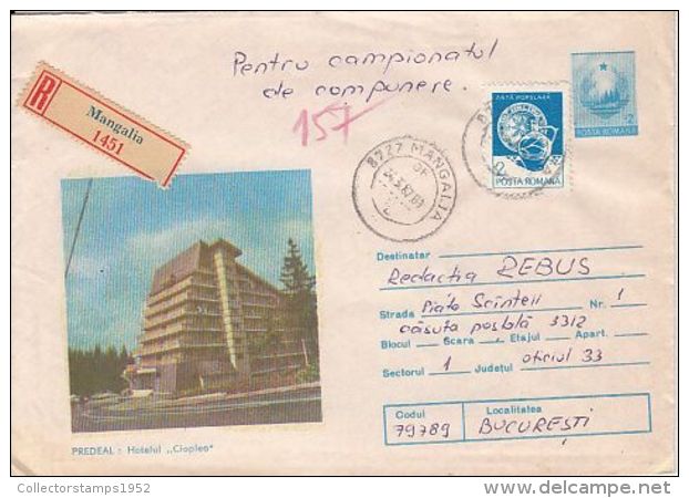 64363- PREDEAL CIOPLEA HOTEL, TOURISM, REGISTERED COVER STATIONERY, 1987, ROMANIA - Hotel- & Gaststättengewerbe