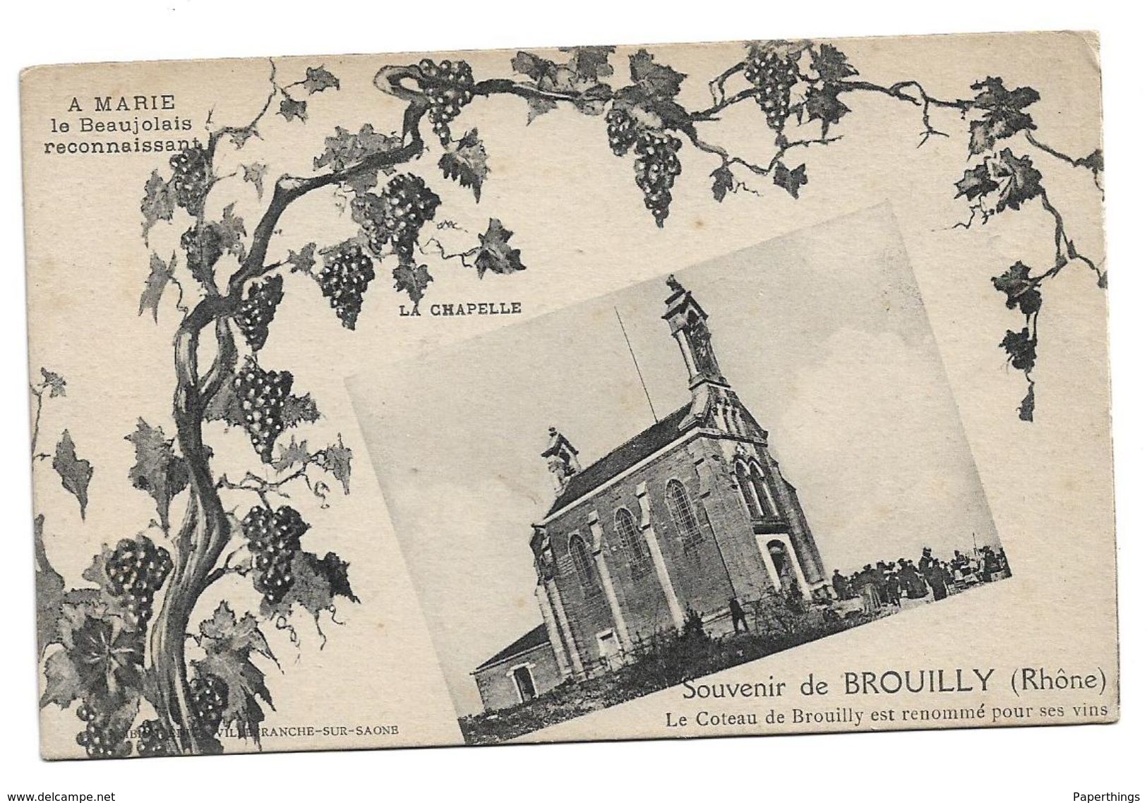 Early Postcard, France, Souvenir De Brouilly (rhone) A Marie Le Beaujolais Reconnaissant, Le Coteau Est Renomme Vins. - Loire Sur Rhone