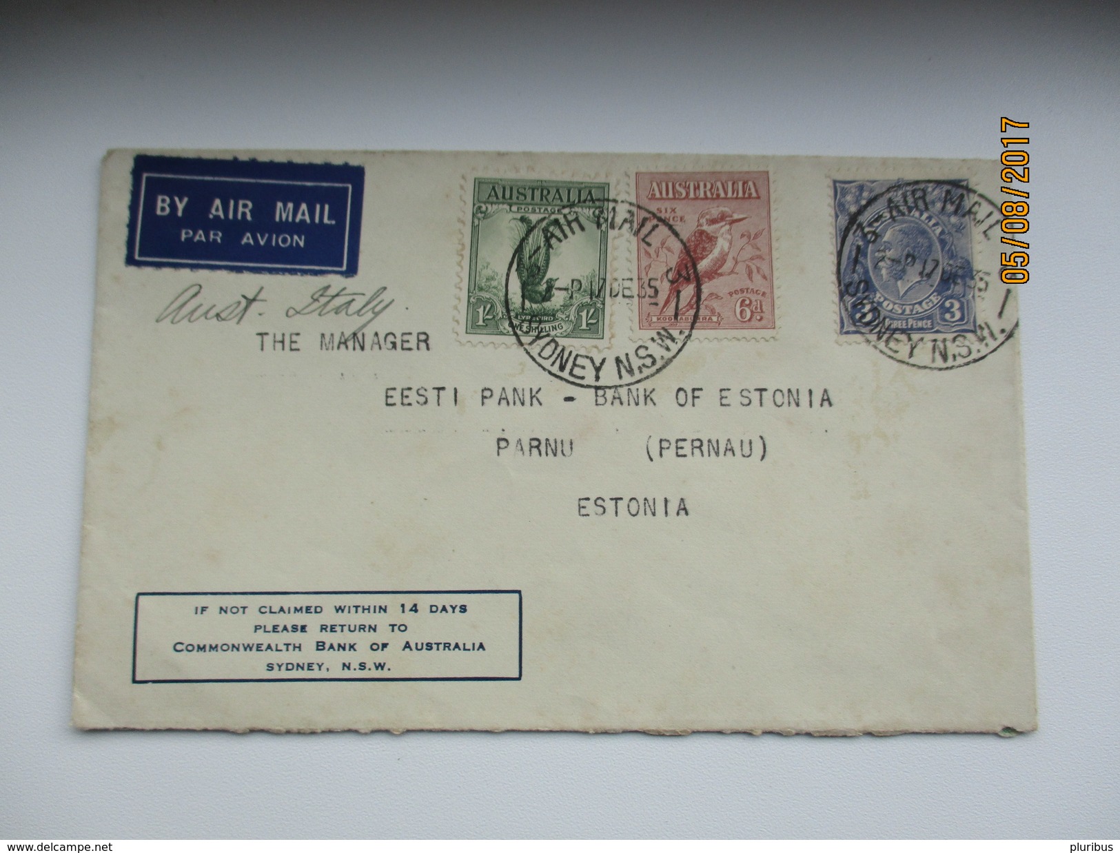 1935 AUSTRALIA SYDNEY COMMONWEALTH BANK COVER TO ESTONIA  ,0 - Covers & Documents