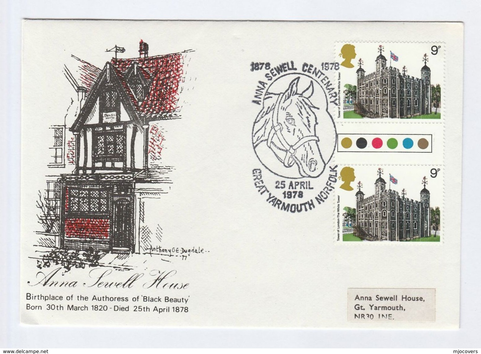 1978 Black Beauty HORSE Anna SEWELL Death Centenary EVENT Cover Great Yarmouth  GB Literature  Stamps - Horses