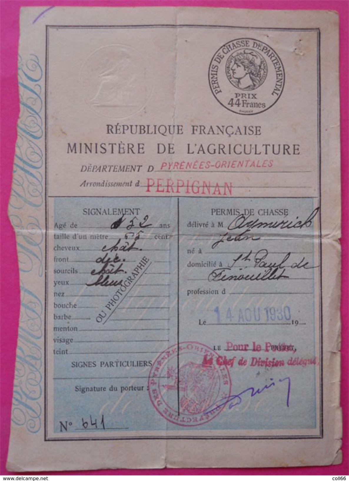 Carte De Chasse 4 Timbres Fiscaux RARES Sur Document Permis Départemental 1932-1933-1934-1935 Perpignan Dos Scanné - Autres & Non Classés