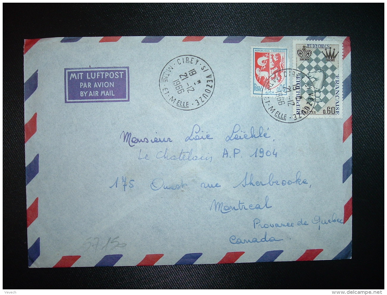 LETTRE Pour Le CANADA TP JEU D'ECHECS 0,60 + BLASON AUCH 0,05 OBL.21-12-1966 CIREY S/VEZOUZE (54 MEURTHE ET MOSELLE) - Postal Rates
