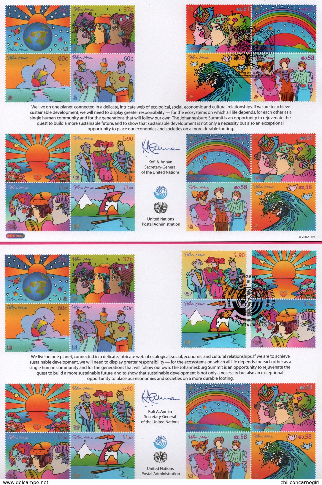 2 Encarts - FDC - United Nations Postal Admin. - PETER MAX - ONU - KOFI A. ANNAN - Genève New York 2002 - APNU - Emissions Communes New York/Genève/Vienne