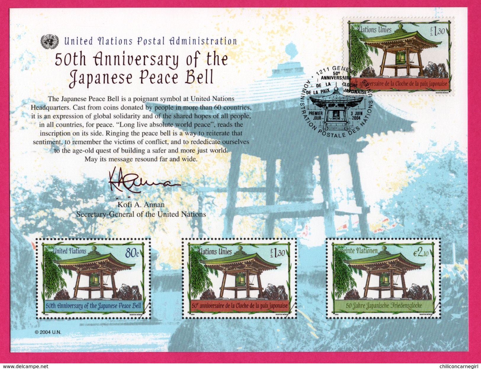 3 Encarts - FDC - United Nations Postal Admin. - Cloches - 50th Anniversary Of The Japonese Peace Bell - Wien 2002 - Collections, Lots & Series
