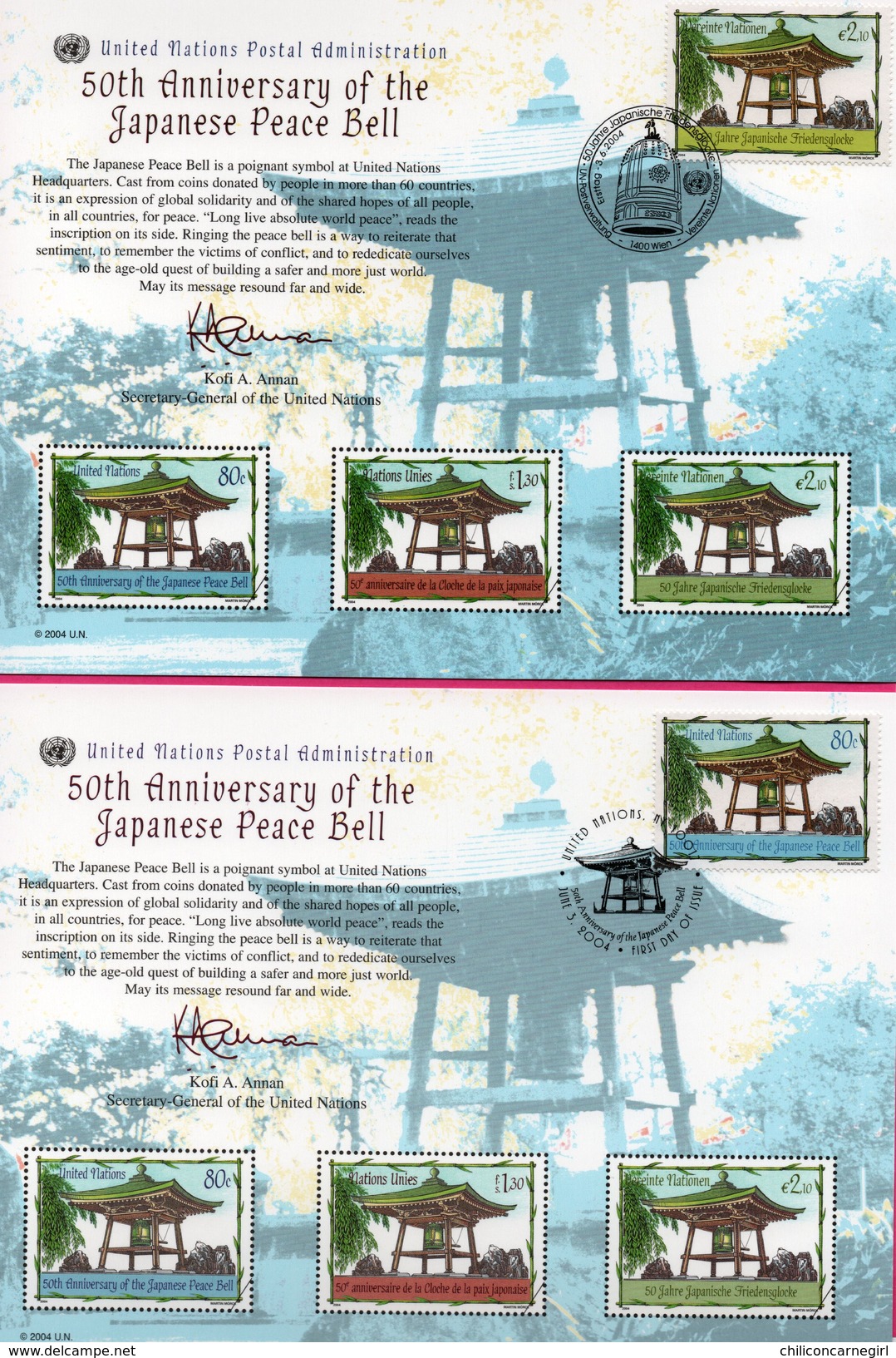 3 Encarts - FDC - United Nations Postal Admin. - Cloches - 50th Anniversary Of The Japonese Peace Bell - Wien 2002 - Collections, Lots & Séries