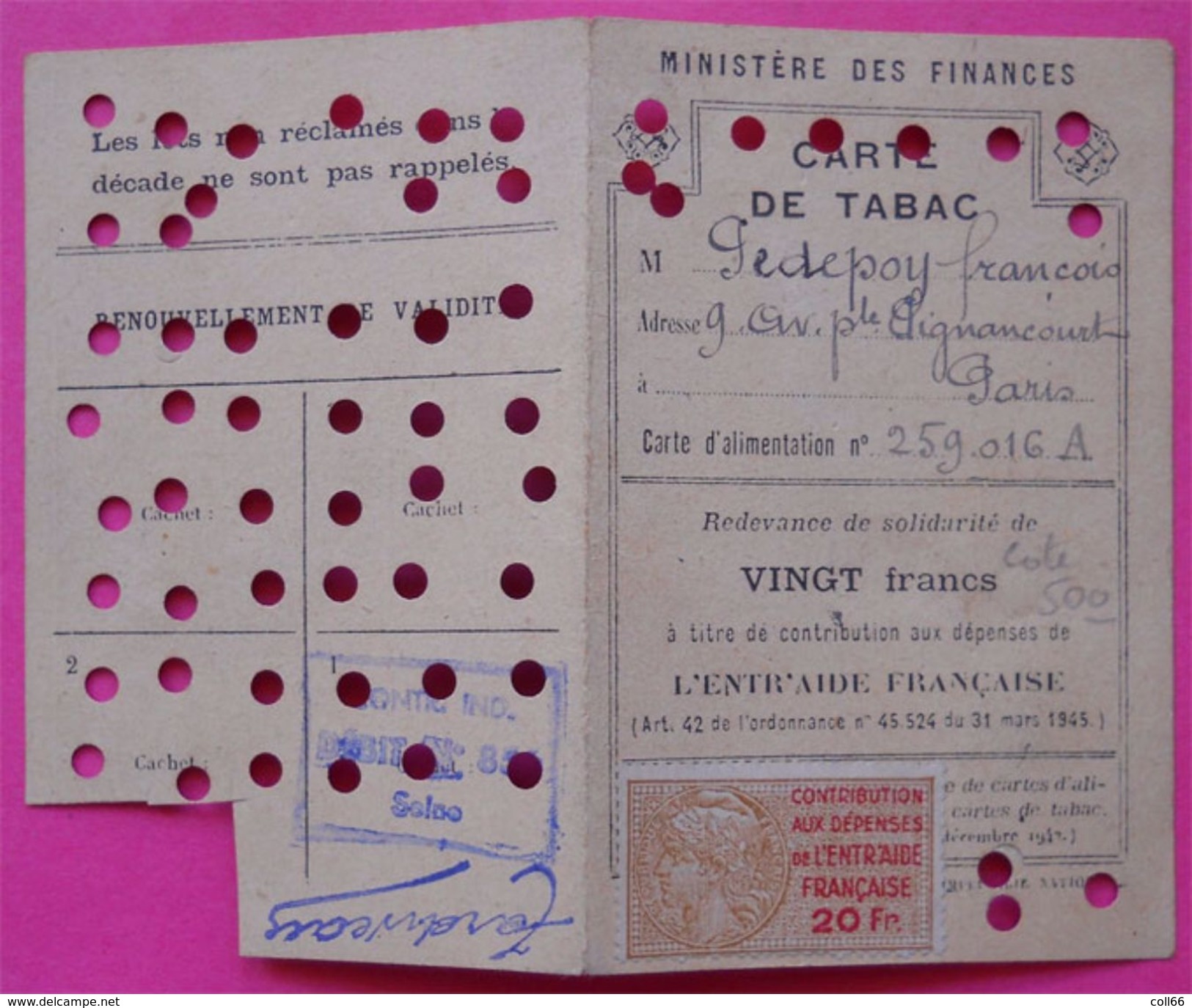 Carte De Tabac Timbre Fiscal Sur Document 20 Fr Contribution Aux Dépenses De L'entraide Française Rouge  Dos Scanné - Autres & Non Classés