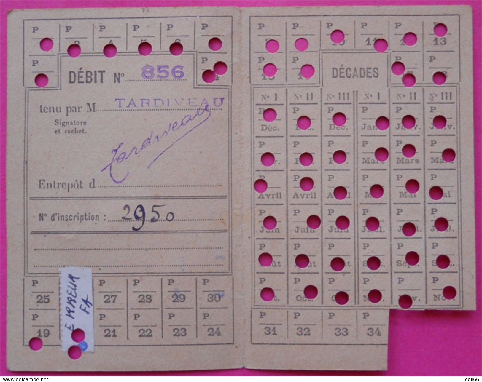 Carte De Tabac Timbre Fiscal Sur Document 20 Fr Contribution Aux Dépenses De L'entraide Française Rouge  Dos Scanné - Autres & Non Classés