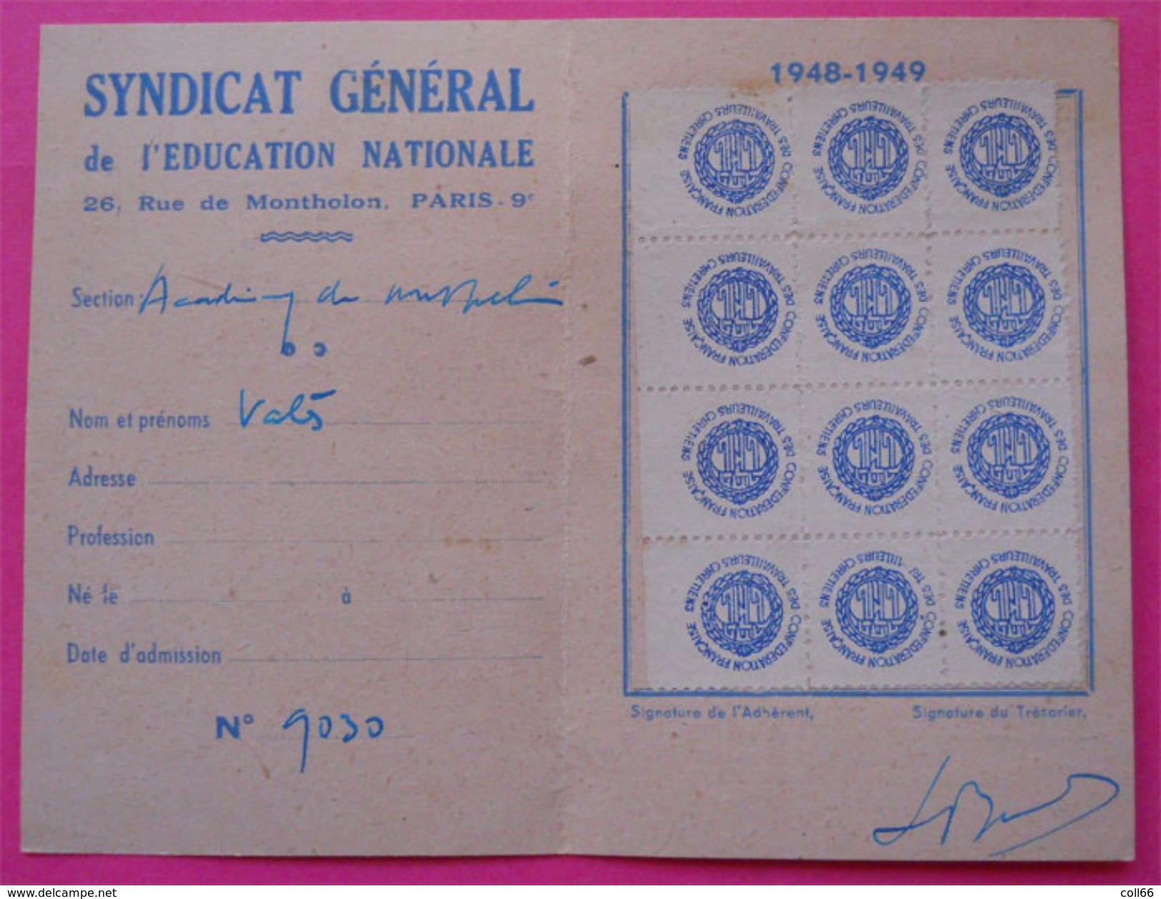 Carte De 1948-1949 Syndicat Général De L'Education Nationale Avec Timbres CISC Paris Erinnophilie  Dos Scanné - Other & Unclassified