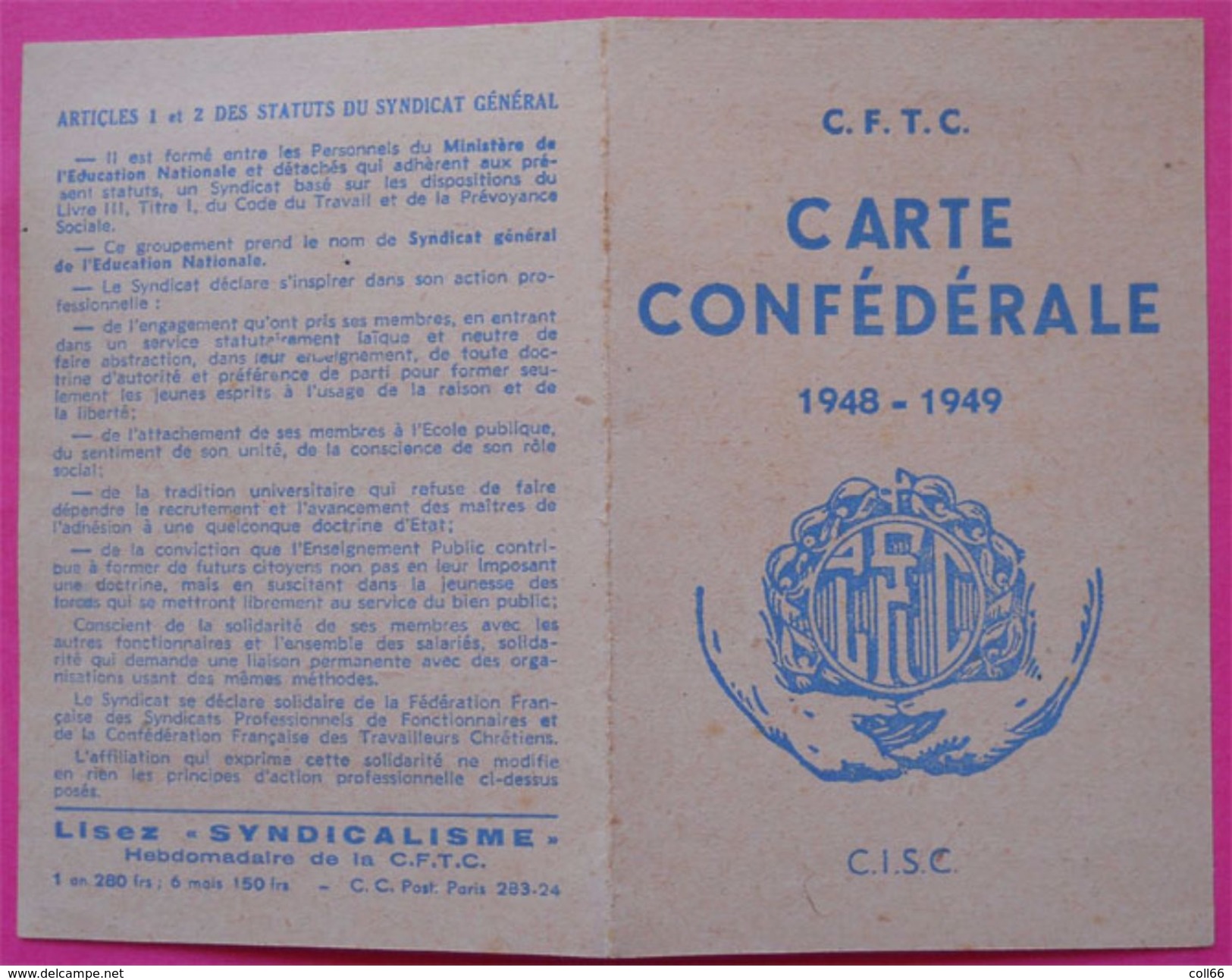 Carte De 1948-1949 Syndicat Général De L'Education Nationale Avec Timbres CISC Paris Erinnophilie  Dos Scanné - Sonstige & Ohne Zuordnung