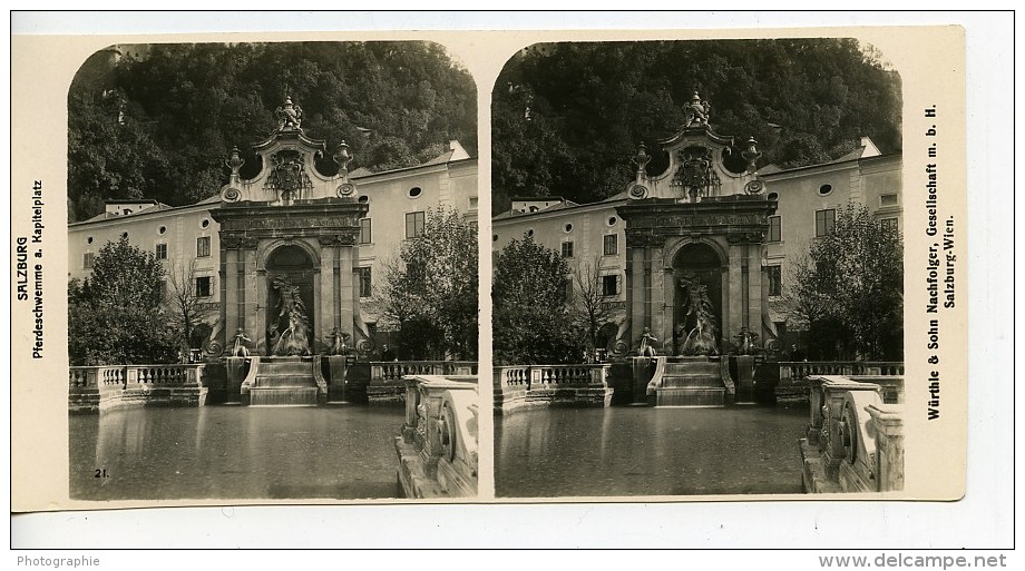 Autriche Salzbourg Kapitelplatz Pferdeschwemme Ancienne Stereo Photo Wurthle 1900 - Photos Stéréoscopiques