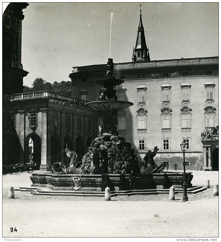 Autriche Salzbourg Residenz Fontaine Et Chateau Ancienne Stereo Photo Wurthle 1900 - Photos Stéréoscopiques