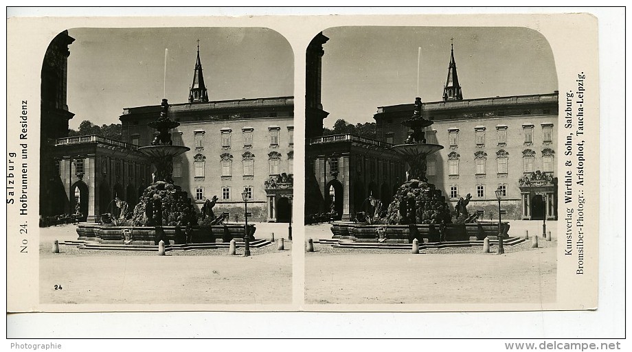 Autriche Salzbourg Residenz Fontaine Et Chateau Ancienne Stereo Photo Wurthle 1900 - Photos Stéréoscopiques