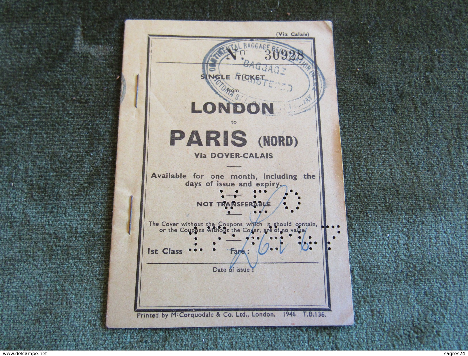 Single Ticket London To Paris (Nord) Via Dover-Calais 1st Class 1947 - Europe