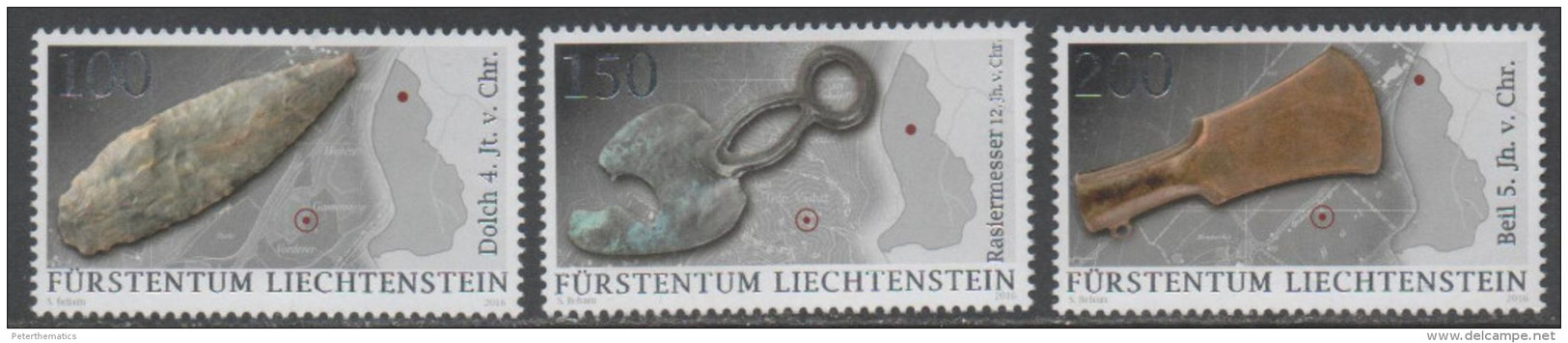 LIECHTENSTEIN ,2016,  MNH,ARCHAEOLOGICAL FINDINGS, UTENSILS, 3v EMBOSSED - Archaeology