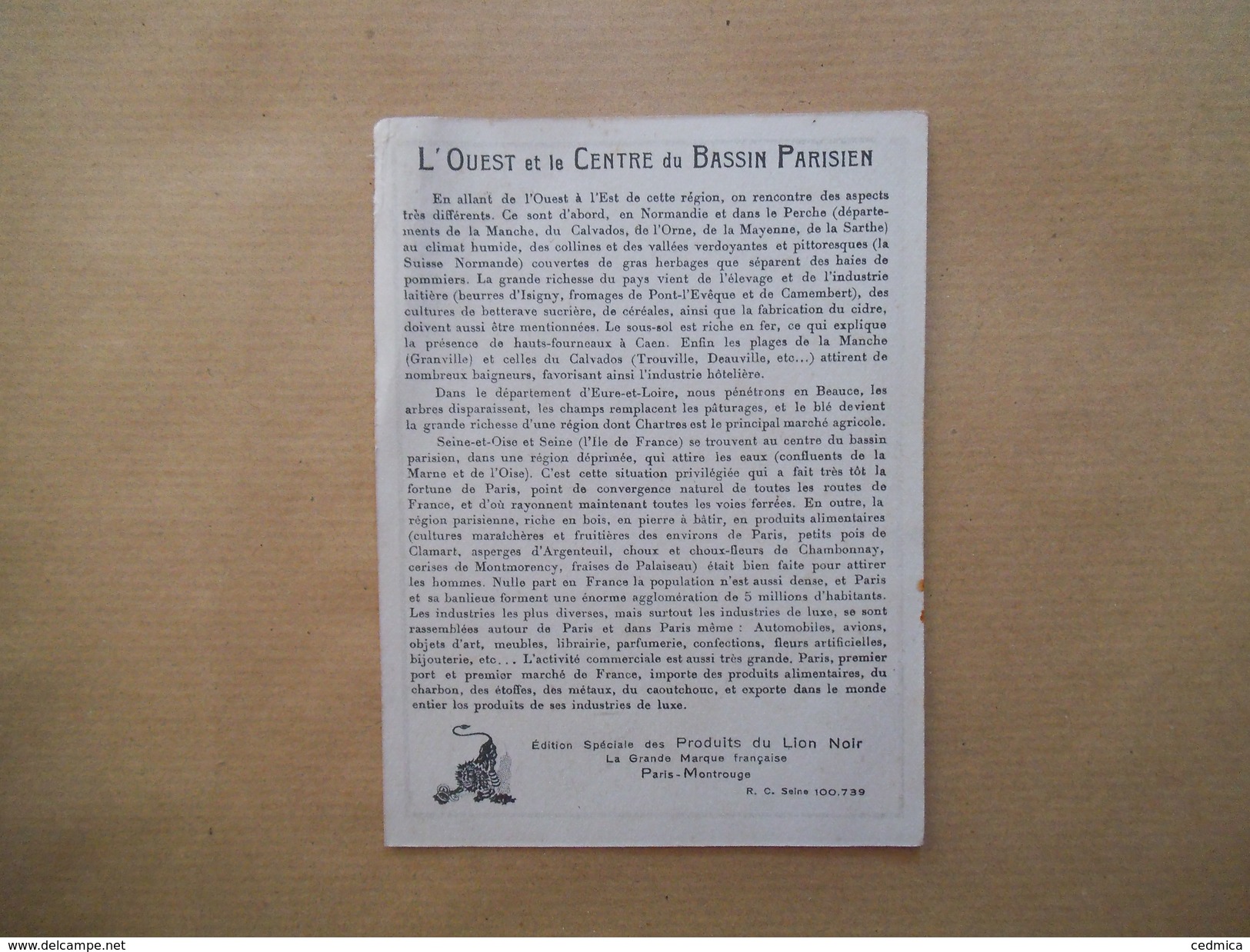 L'OUEST ET LE CENTRE DU BASSIN PARISIEN EDITION SPECIALE DES PRODUITS DU "LION NOIR" PARIS-MONTROUGE - Autres & Non Classés