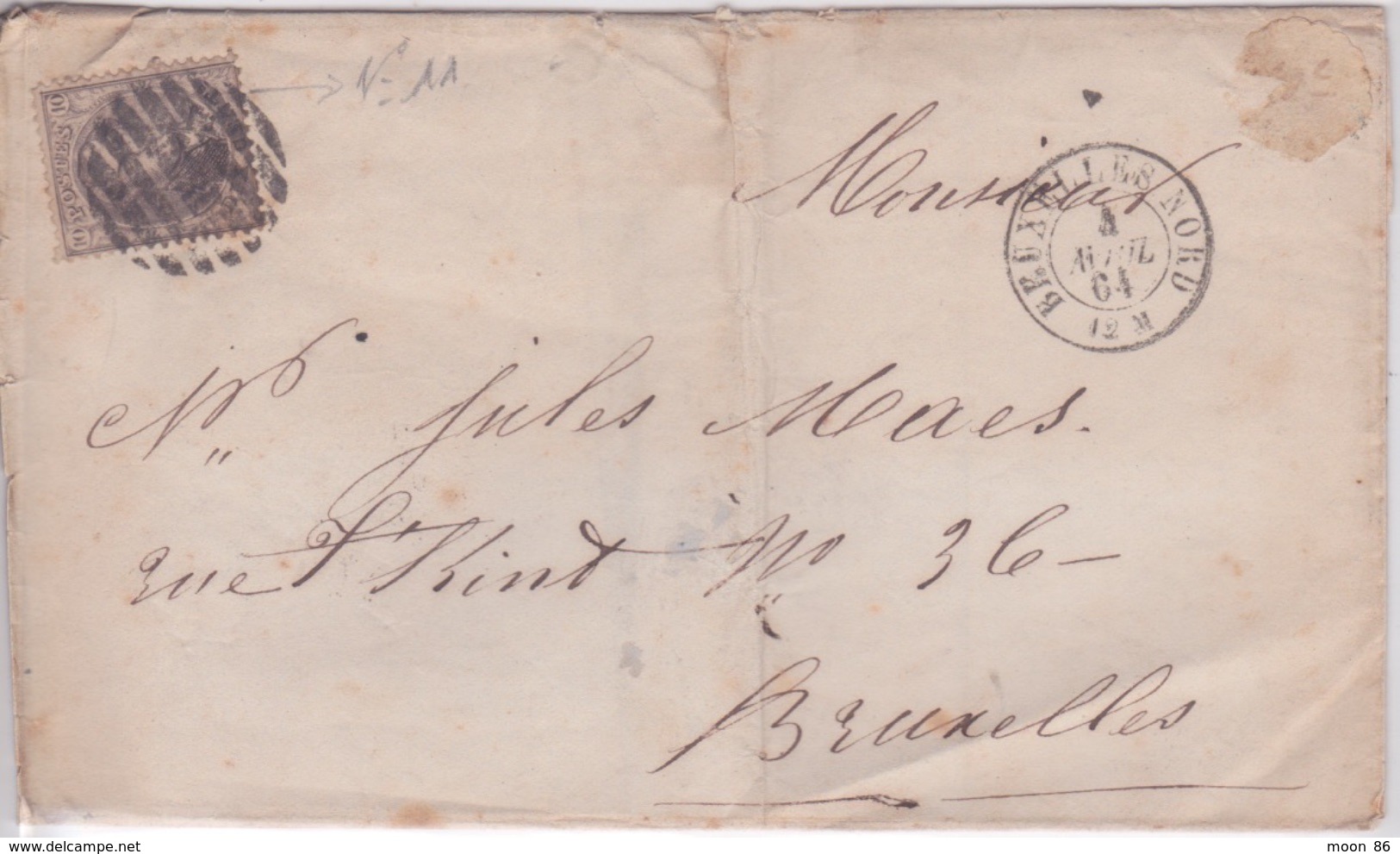 1864 - BELGIQUE - 10 CENTIMES SUR LETTRE DE CORRESPONDANCE POUR BRUXELLES -  OBLITERATION TIMBRE N°11 - - 1849-1865 Medallions (Other)