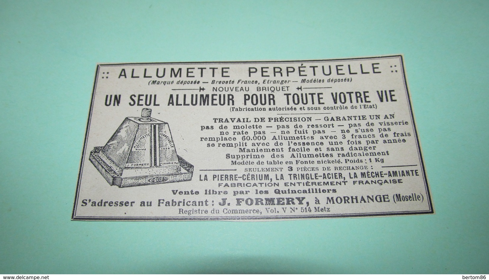 NOUVEAU BRIQUET " ALLUMETTE PERPETUELLE " - FABRICANT J. FORMERY A MORHANGE ( Moselle )  - PUBLICITE DE 1925. - Reclame