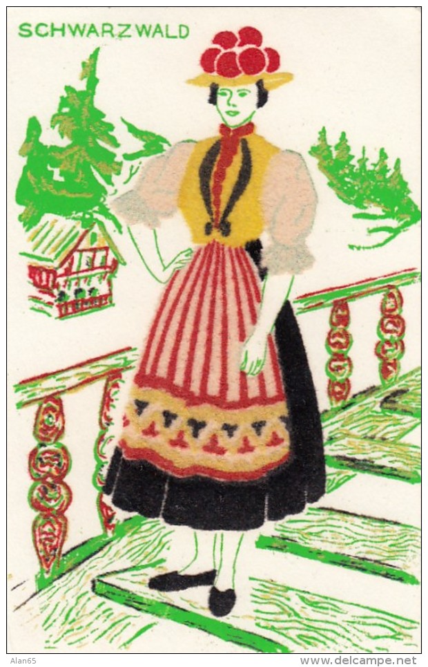 Costume Fashion Of Schwarzwald Black Forest, Woman Dress Light Felt Material Attached To C1940s/50s Vintage Postcard - Fashion