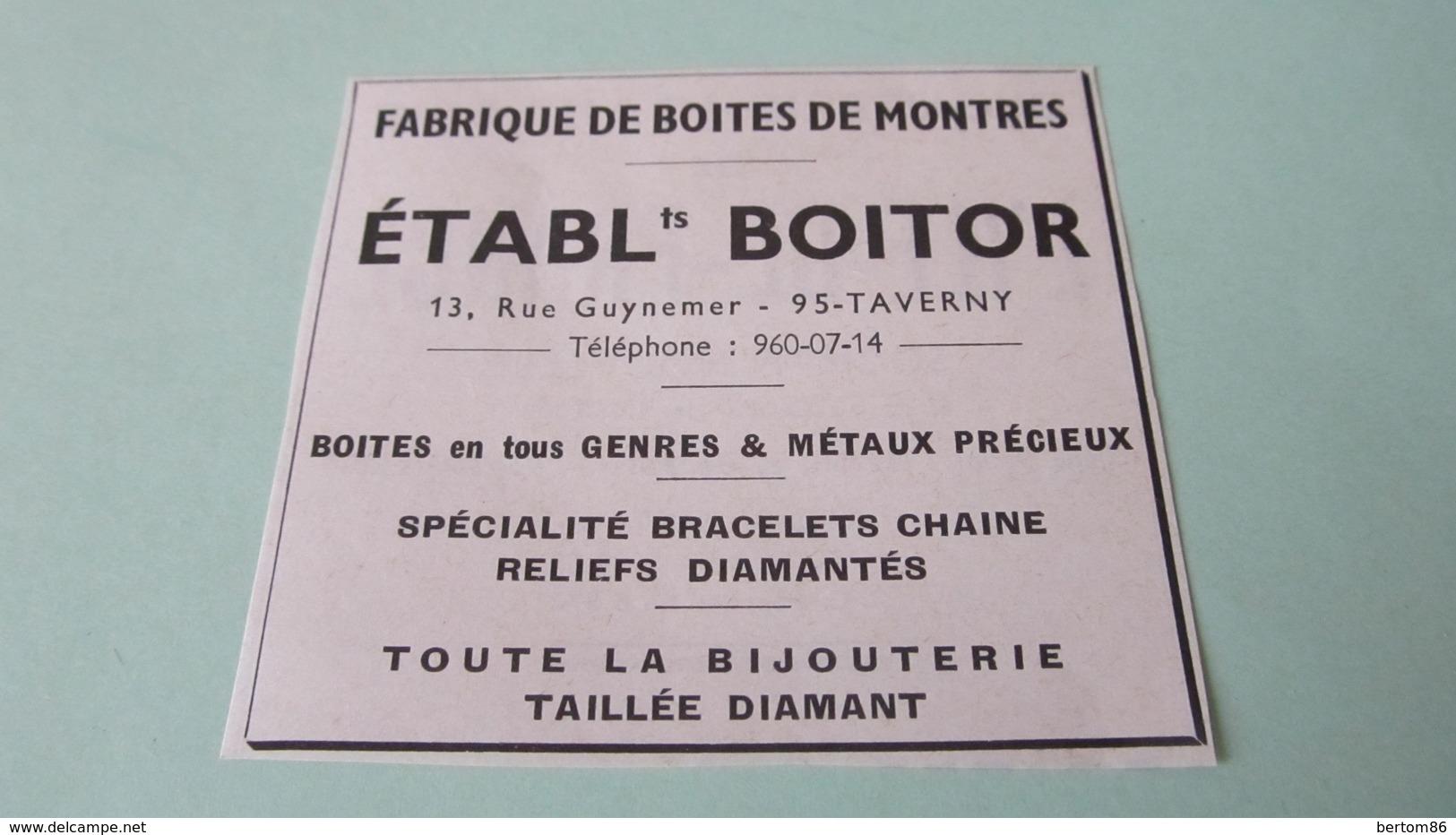 ETABLISSEMENTS BOITOR - FABRIQUE DE BOITES DE MONTRES - TAVERNY - PUBLICITE DE 1968. - Publicités