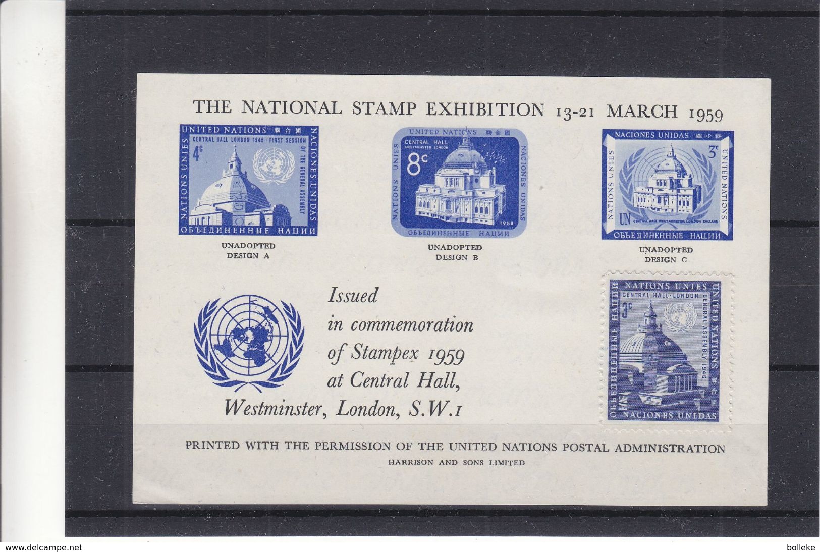 Nations Unies - Document De 1959 - Expo De 1959 à Londres - Avec Timbre De Central Hall - Vendu 750 FB En 1972 = ± 19 &e - Lettres & Documents