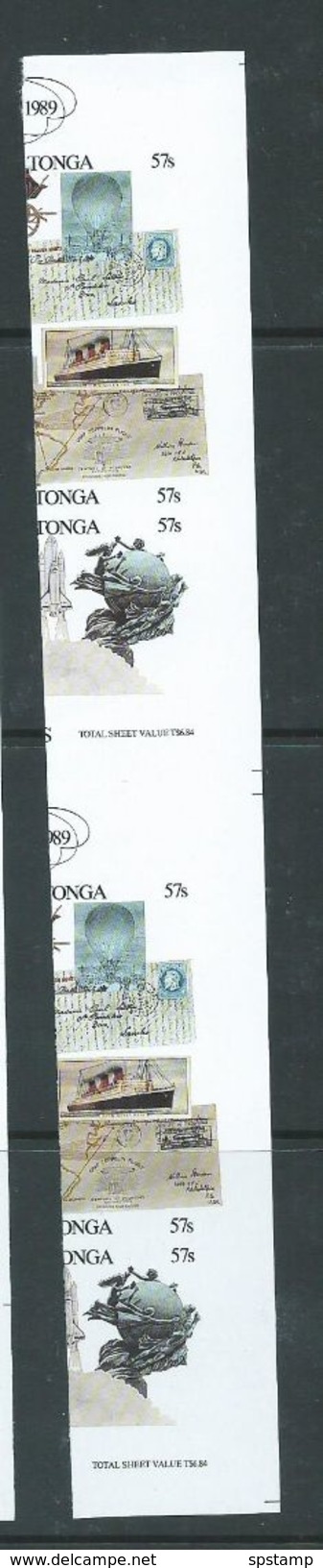 Tonga 1989 UPU Sheet Imperforate Plate Proof Unsevered Strip Of 6 From Right Of Sheet MNH - Tonga (1970-...)