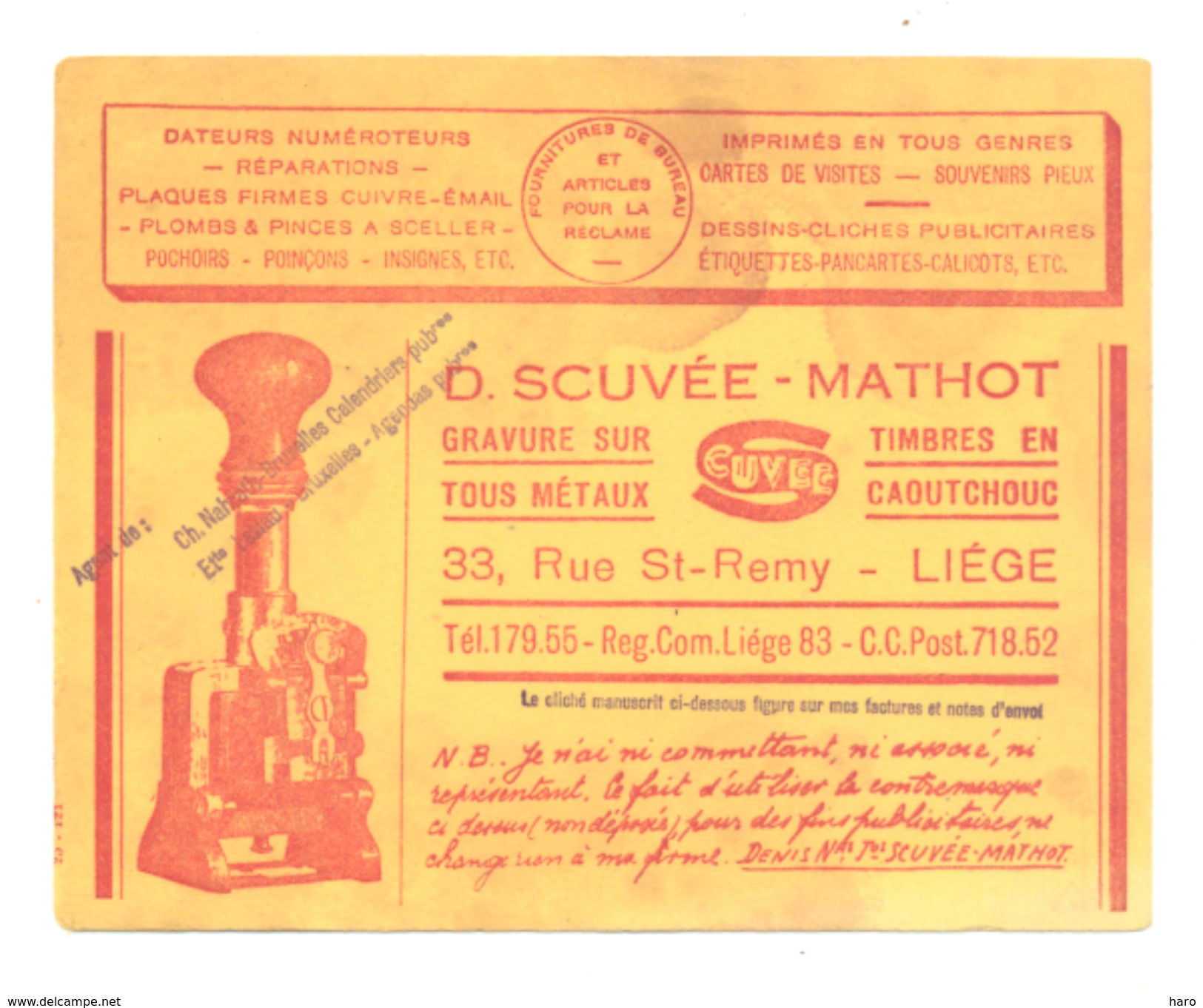 BUVARD Publicitaire Gravure D. SCUVEE - MATHOT à  LIEGE, Tampon, Dateur,  Timbre Caoutchouc,... (b211) - I