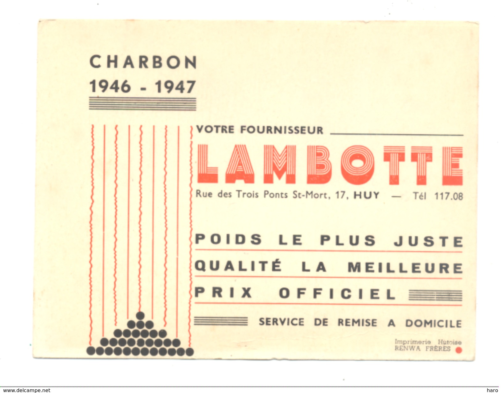 BUVARD Publicitaire - Charbon LAMBOTTE à HUY 1946/47. (b211) - I