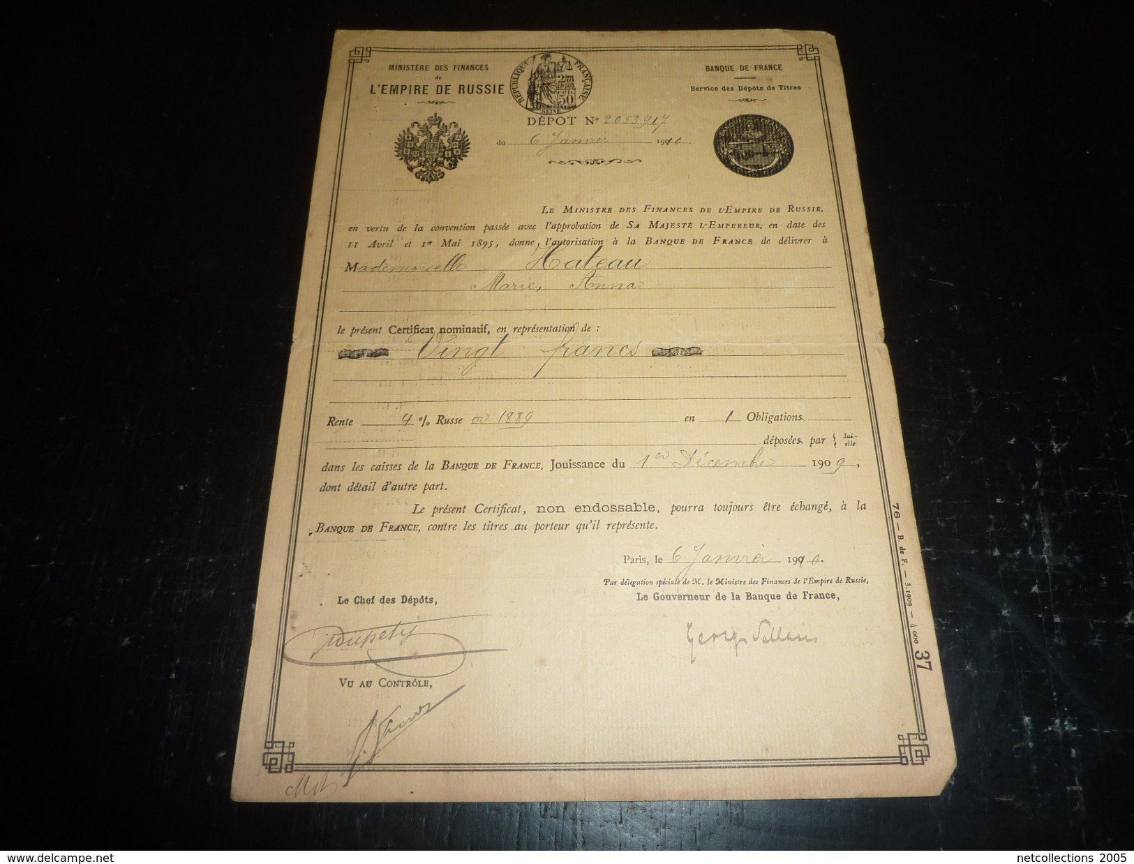 DOCUMENT " BANQUE DE FRANCE " 1909/10 - AVEC L'EMPIRE DE RUSSIE " CERTIFICAT NOMINATIF " SERVICE DES DEPOTS DE TITRES - Banque & Assurance