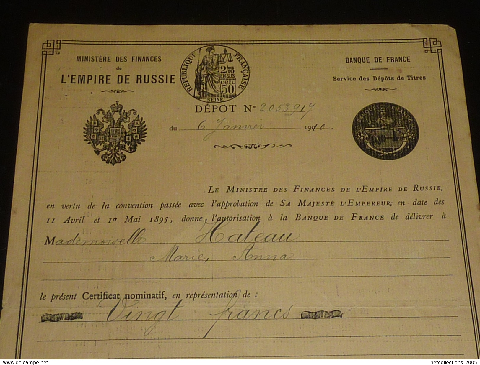 DOCUMENT " BANQUE DE FRANCE " 1909/10 - AVEC L'EMPIRE DE RUSSIE " CERTIFICAT NOMINATIF " SERVICE DES DEPOTS DE TITRES - Banque & Assurance