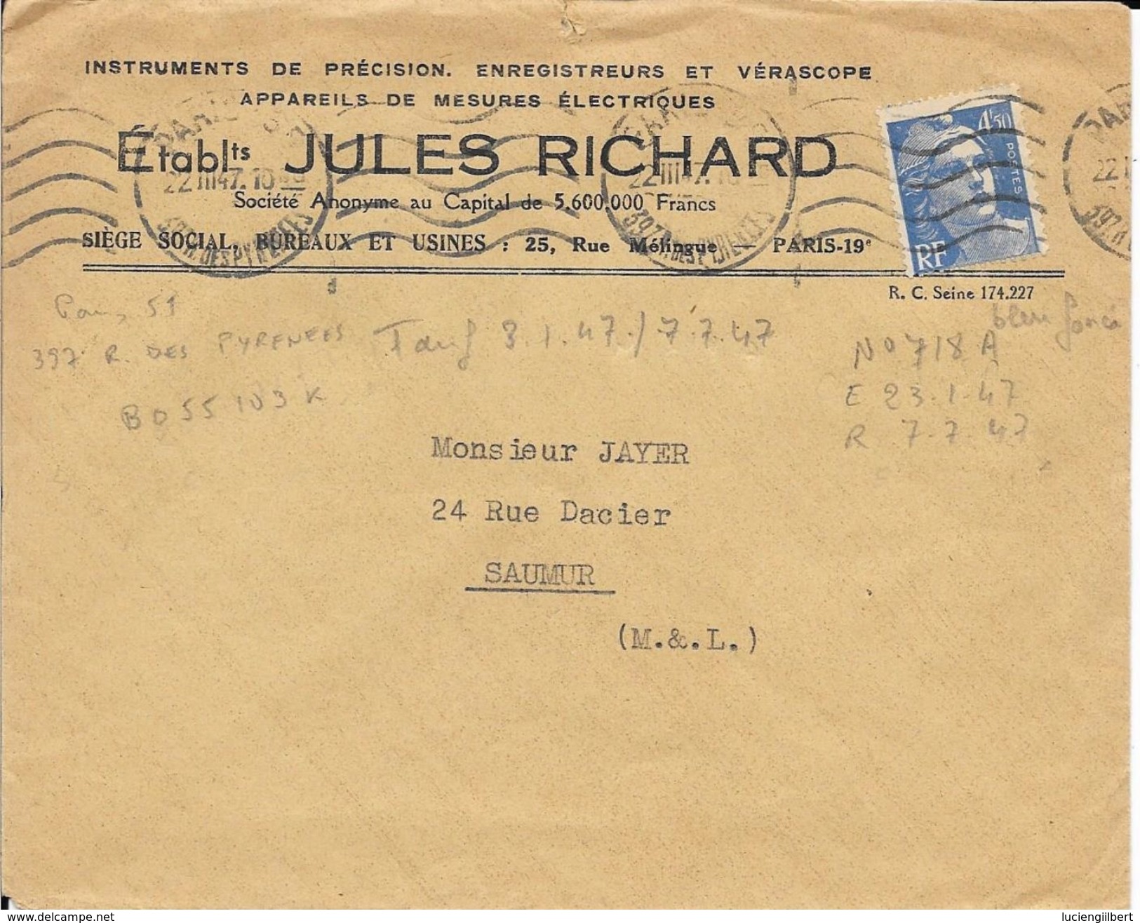 TIMBRE N° 718A   FRANCE  - TARIF DU  3.1.47 AU 7.7.47 - S/ENV. ETS J. RICHARD INSTRUMENTS PRECISIONS..VERASCOPE... - Posttarife