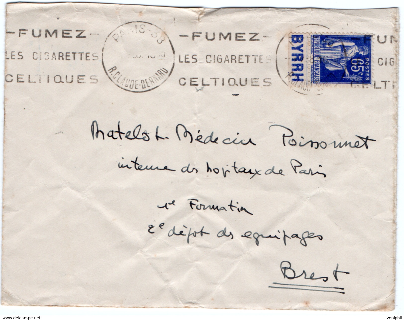 LETTRE AFFRANCHIE N° 365 AVEC BANDE PUB  " BYRRH"  + OBLITERATION FLAMME - FUMEZ LES CIGARETTES CELTIQUES  - - Altri & Non Classificati