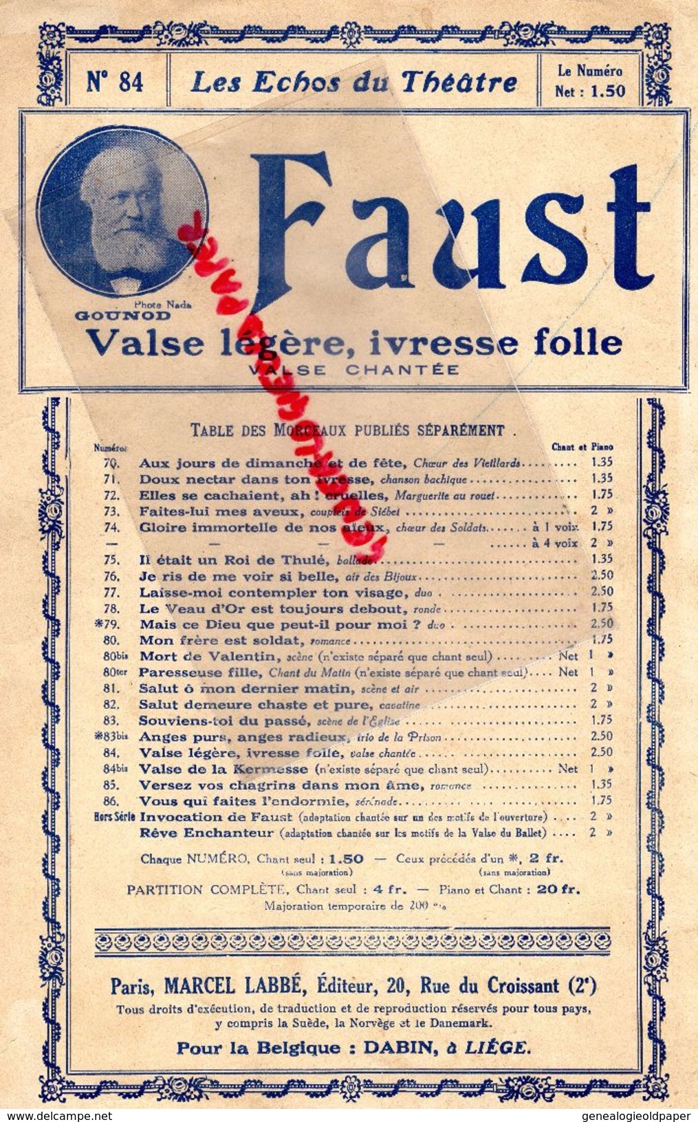 PARTITION MUSICALE-FAUST-GOUNOD-ECHOS THEATRE-VALSE-MARCEL LABBE PARIS 20 RUE CROISSANT-DABIN LIEGE-N° 84 - Partitions Musicales Anciennes