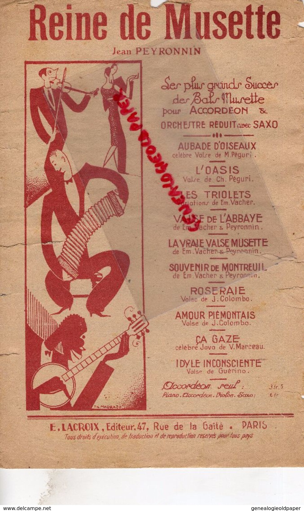 PARTITION MUSICALE-REINE DE MUSETTE-JEAN PEYRONNIN-ACCORDEON-E. LACROIX 47 RUE GAITE PARIS-BANDONEON- - Partitions Musicales Anciennes