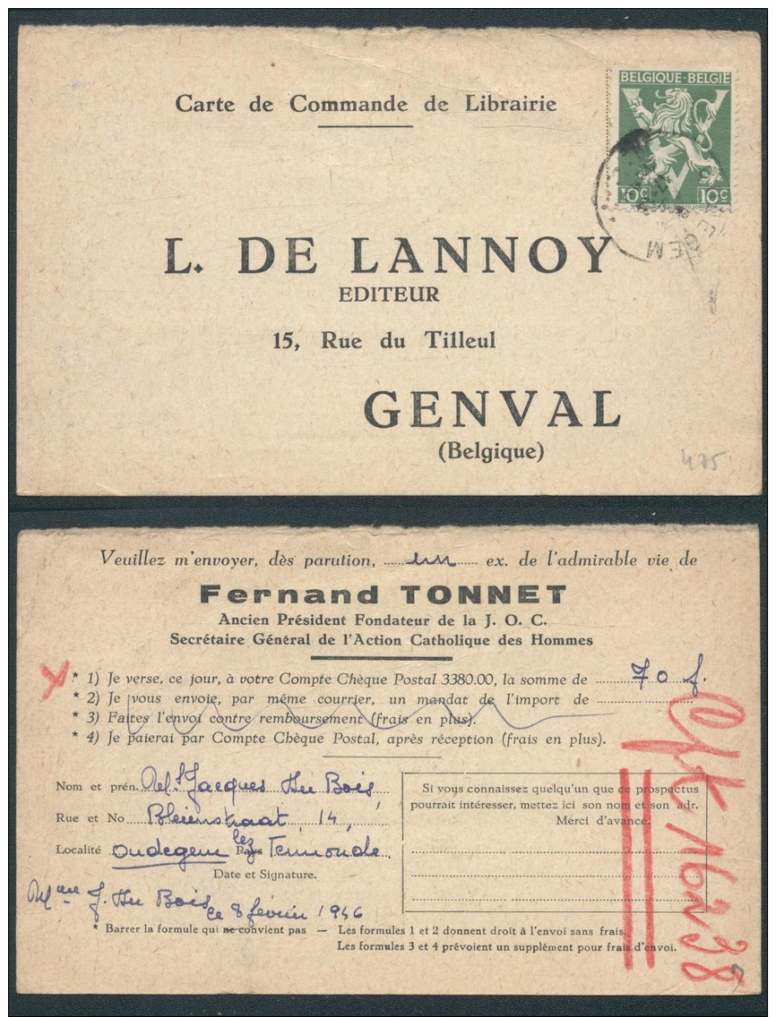 CC475 Carte De Oudegem à Genval ( Librairie De Lannoy ) 1946 - Autres & Non Classés