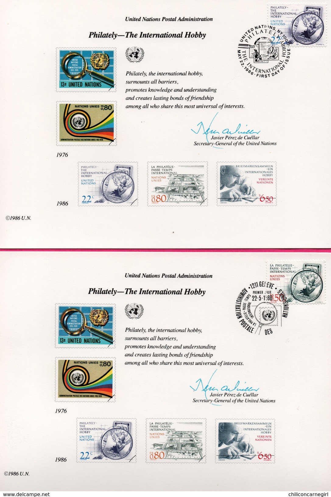 3 Encarts - FDC - Philately The International Hobby - Philatélie - Passe Temps Inter. - Wien New York Genève 1986 - Journée Du Timbre