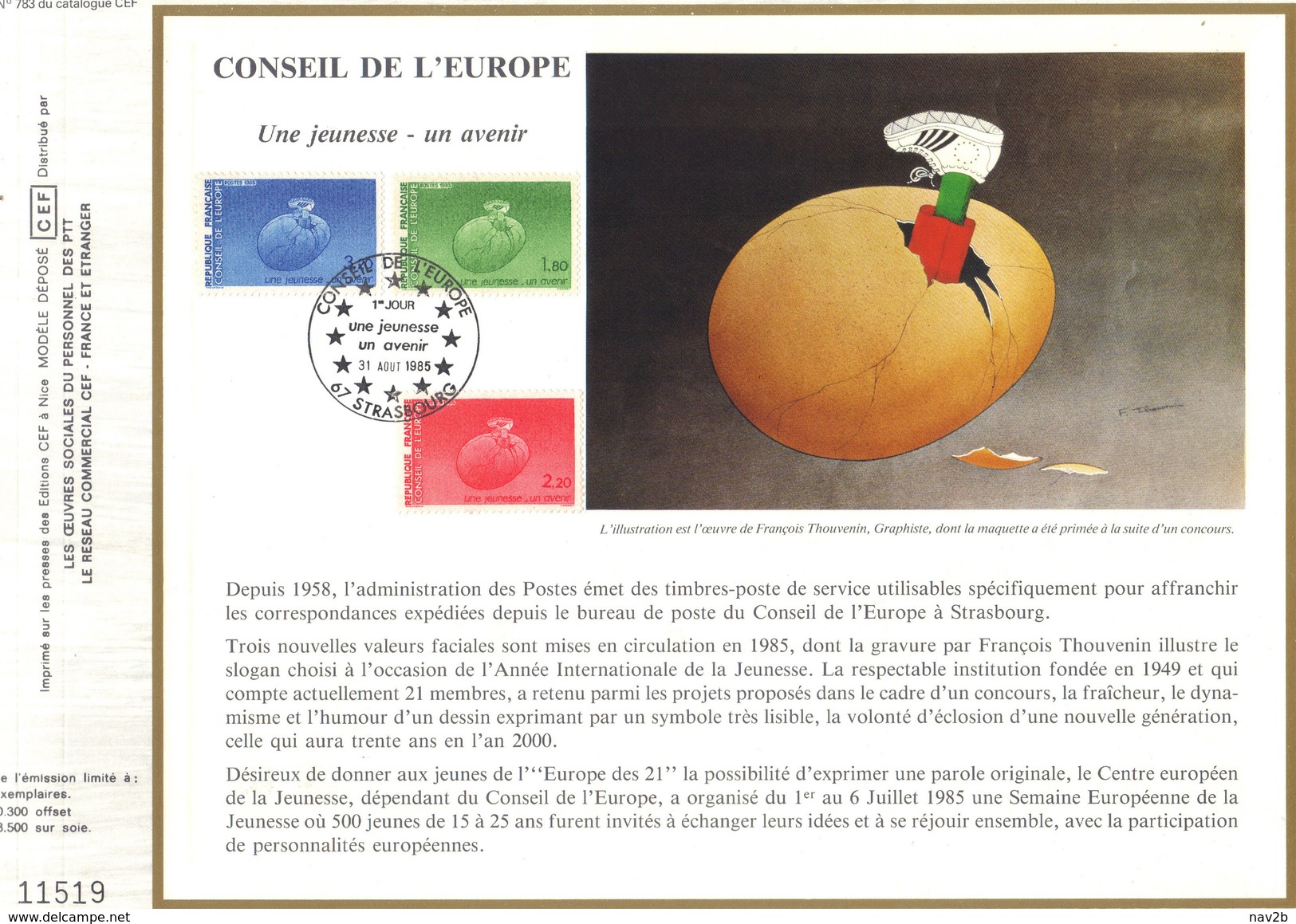 Sur Feuillet CEF , FDC 1985  Strasbourg .    LE  CONSEIL  DE  L'EUROPE . 3 Timbres .  Une Jeunesse - Un Avenir . - 1980-1989
