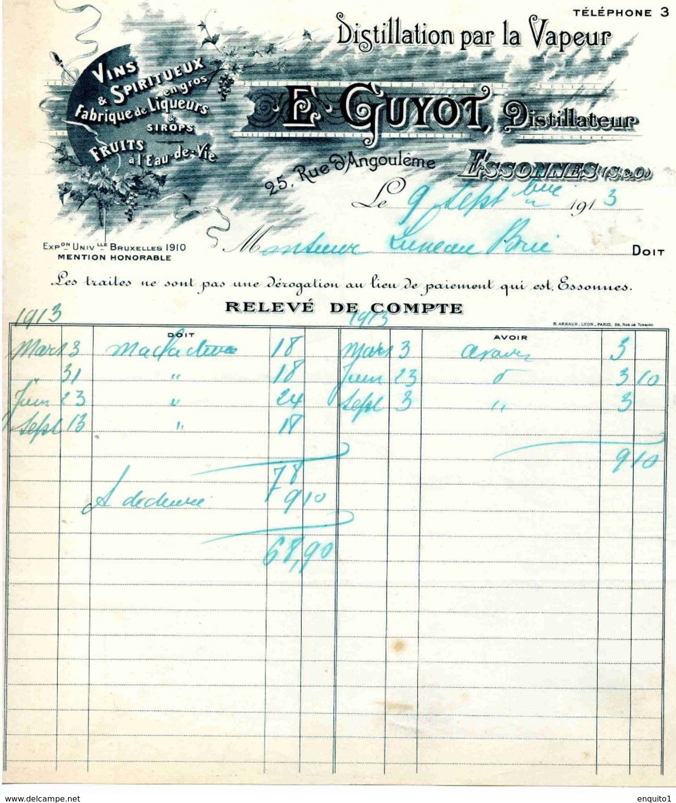 Distillerie D'alcools, Liqueurs, Eaux De Vie, Maison GUYOTdistillateur, 25 Rue D'Angoulême, ESSONNES, 1913 - Otros & Sin Clasificación