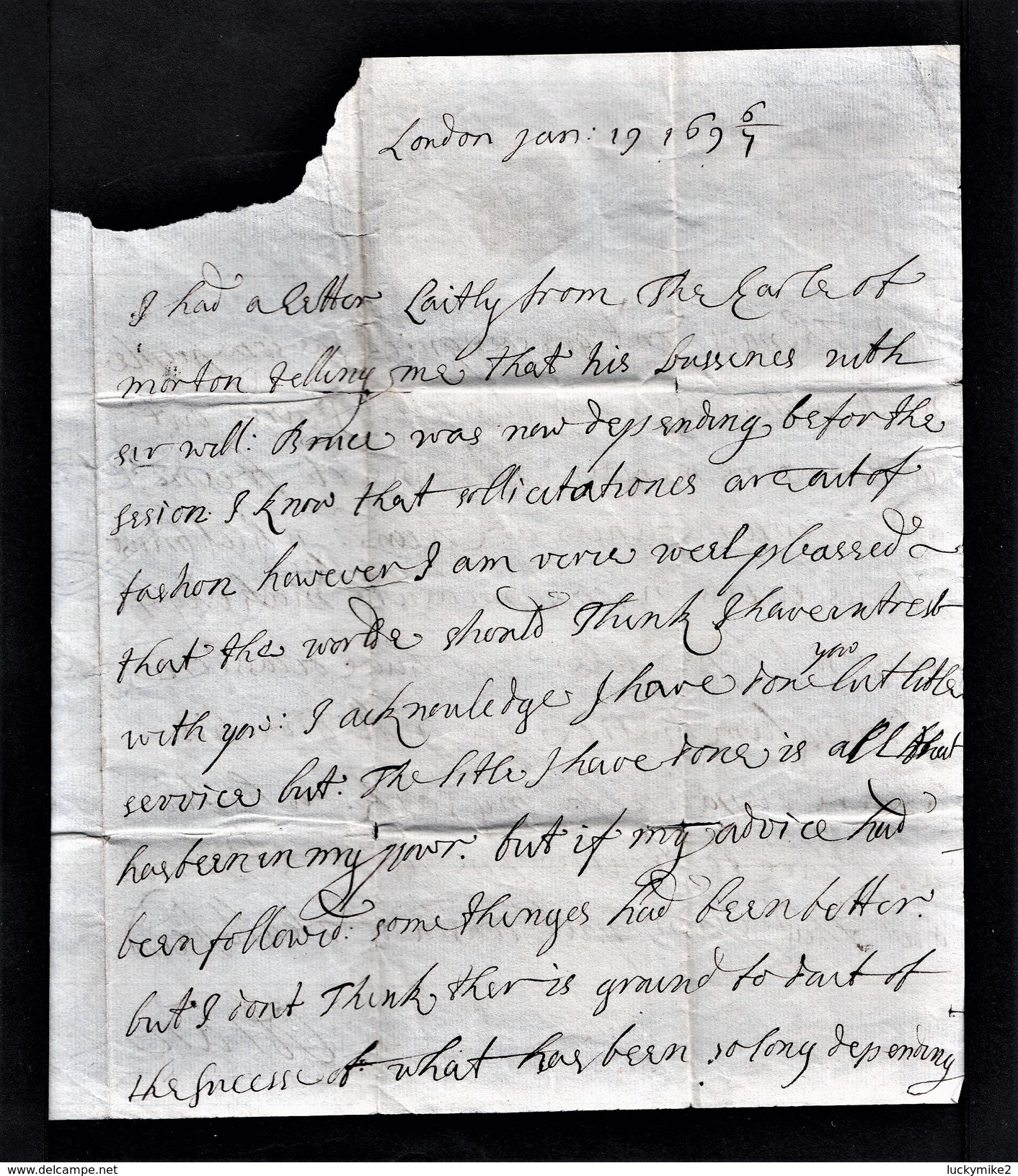 1696/7 Letter From "Lord Arran, London" To "My Lord Whitelaw".  Ref 0399 - Other & Unclassified