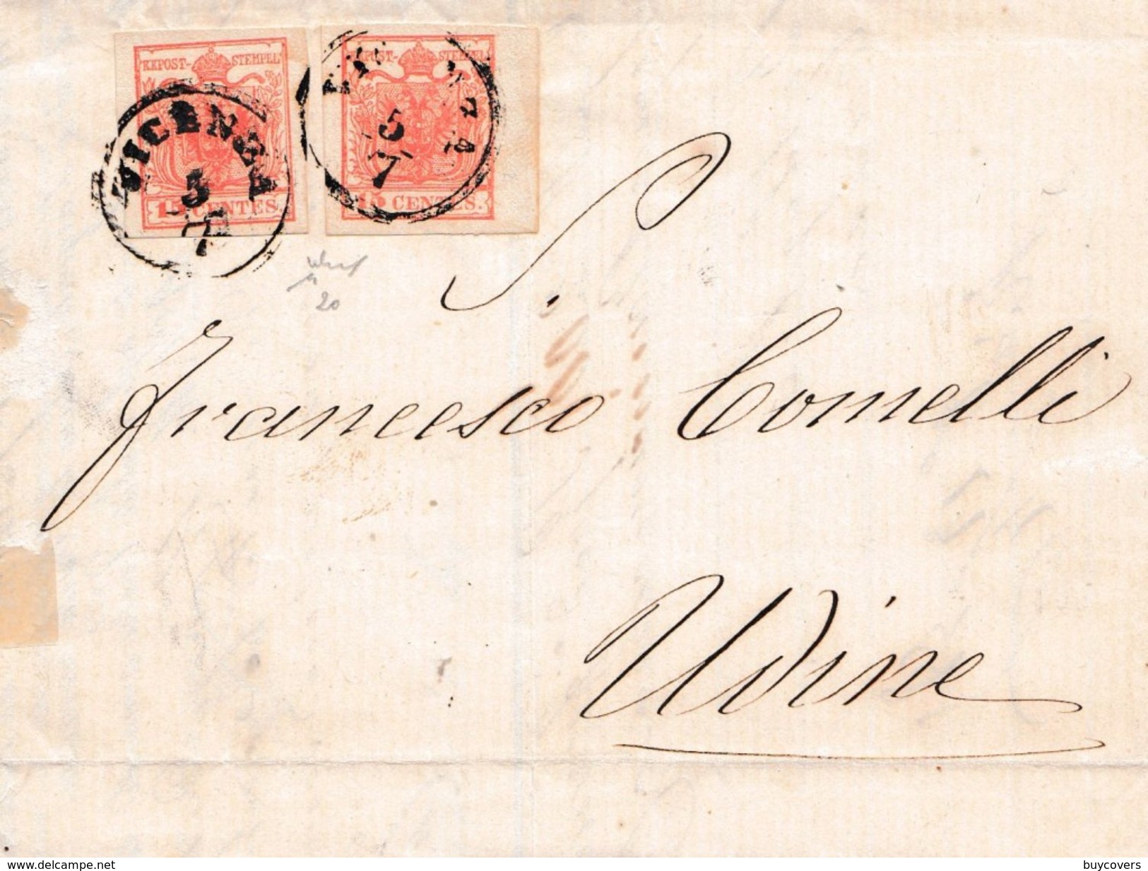 LV121 - 5 Luglio 1858 - Lettera Con Testo Da Vicenza A Udine  Con 2 Valori Di 15 Cent. Rosso 3° Tipo .Leggi... - Lombardo-Vénétie