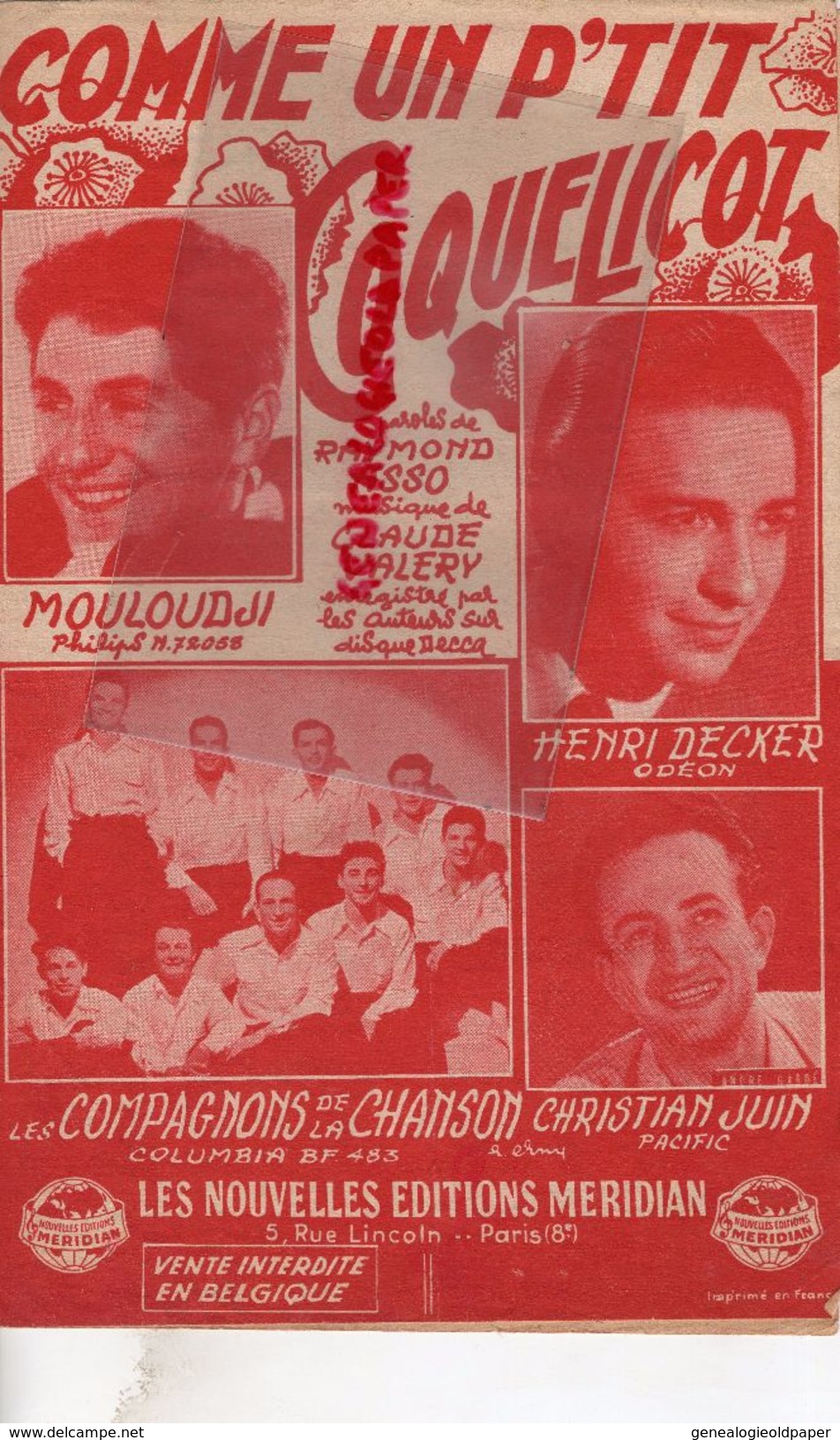 PARTITION MUSICALE-COMME UN P'TIT COQUELICOT-MOULOUDJI-HENRI DECKER-COMPAGNONS CHANSON-CHRISTIAN JUIN-ASSO-VALERY-PARIS - Partitions Musicales Anciennes